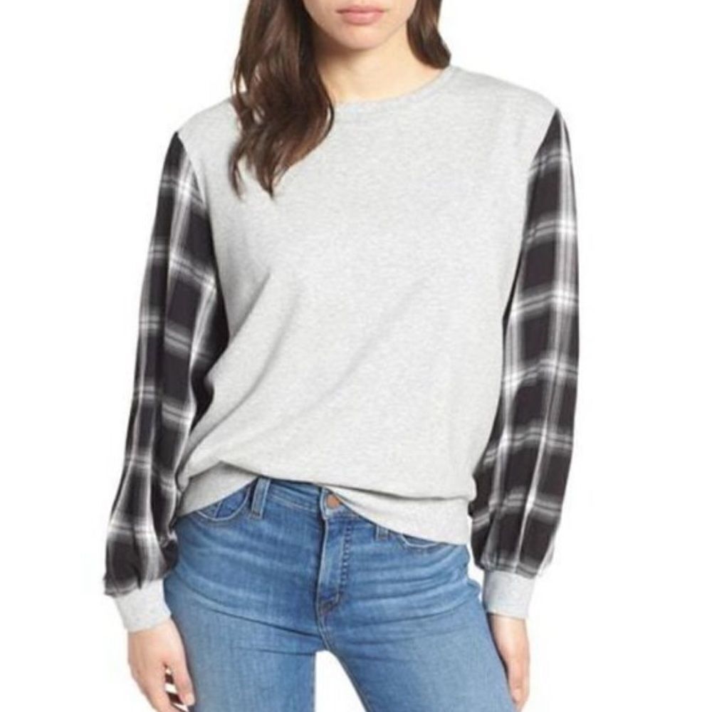 Vince Camuto Gray Crewneck Black Plaid Sweater Top Small
